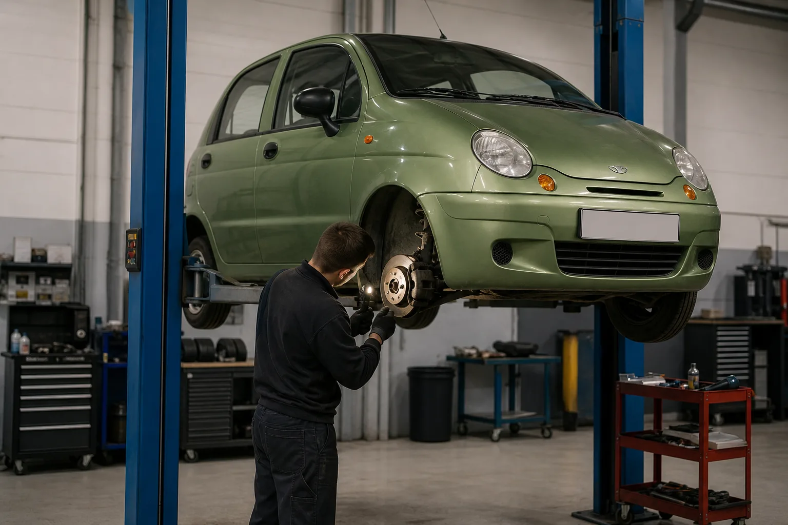 Daewoo Matiz на подъёмнике при проверке передних тормозов — иллюстрация