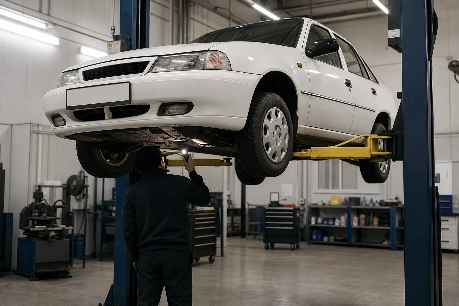 Daewoo Nexia на подъёмнике при осмотре ходовой части — иллюстрация