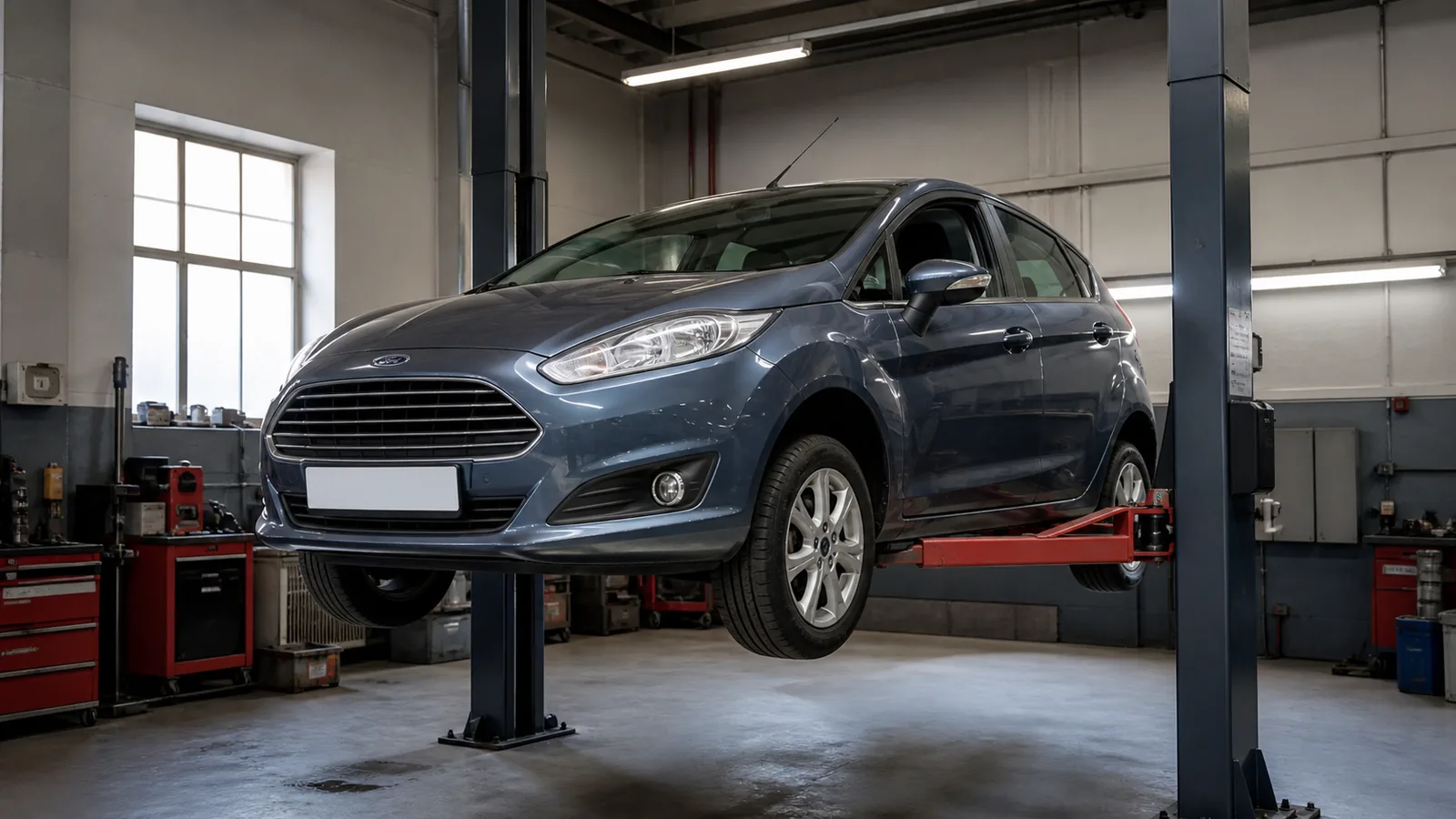 Ford Fiesta на подъёмнике при диагностике городского автомобиля — иллюстрация