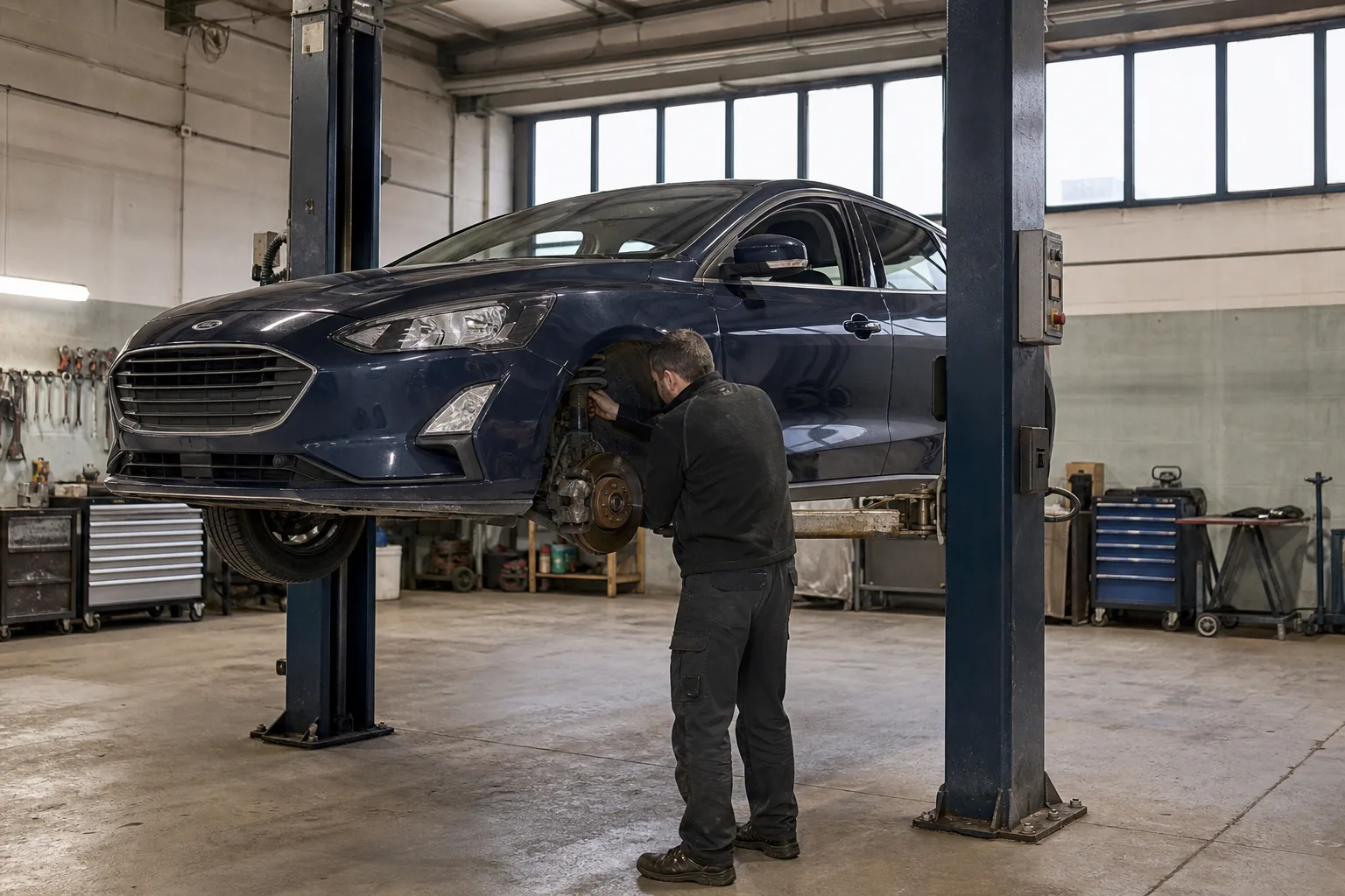 Ford Focus на подъёмнике при проверке передней подвески и тормозов — иллюстрация