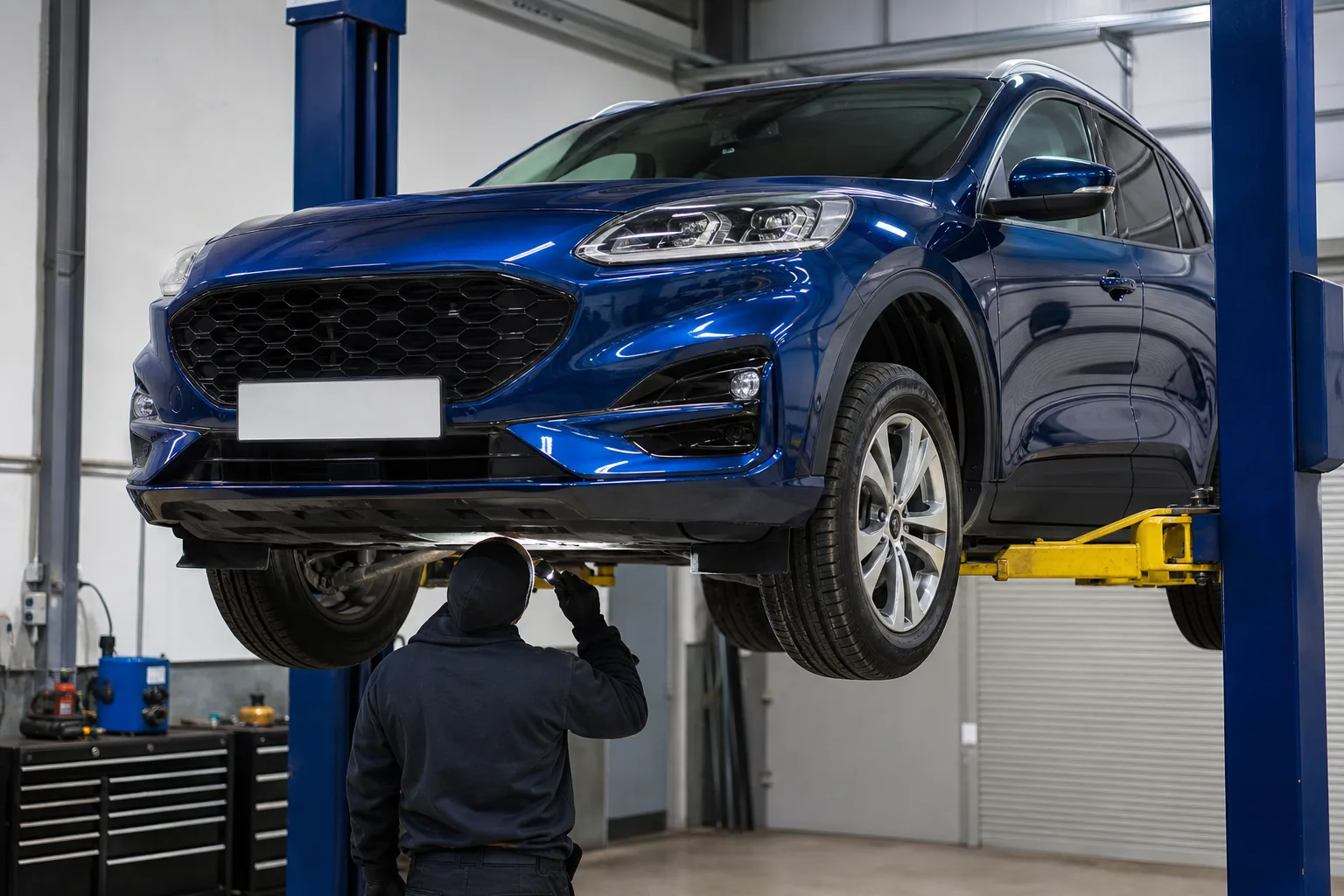 Ford Kuga на подъёмнике при осмотре подвески — иллюстрация