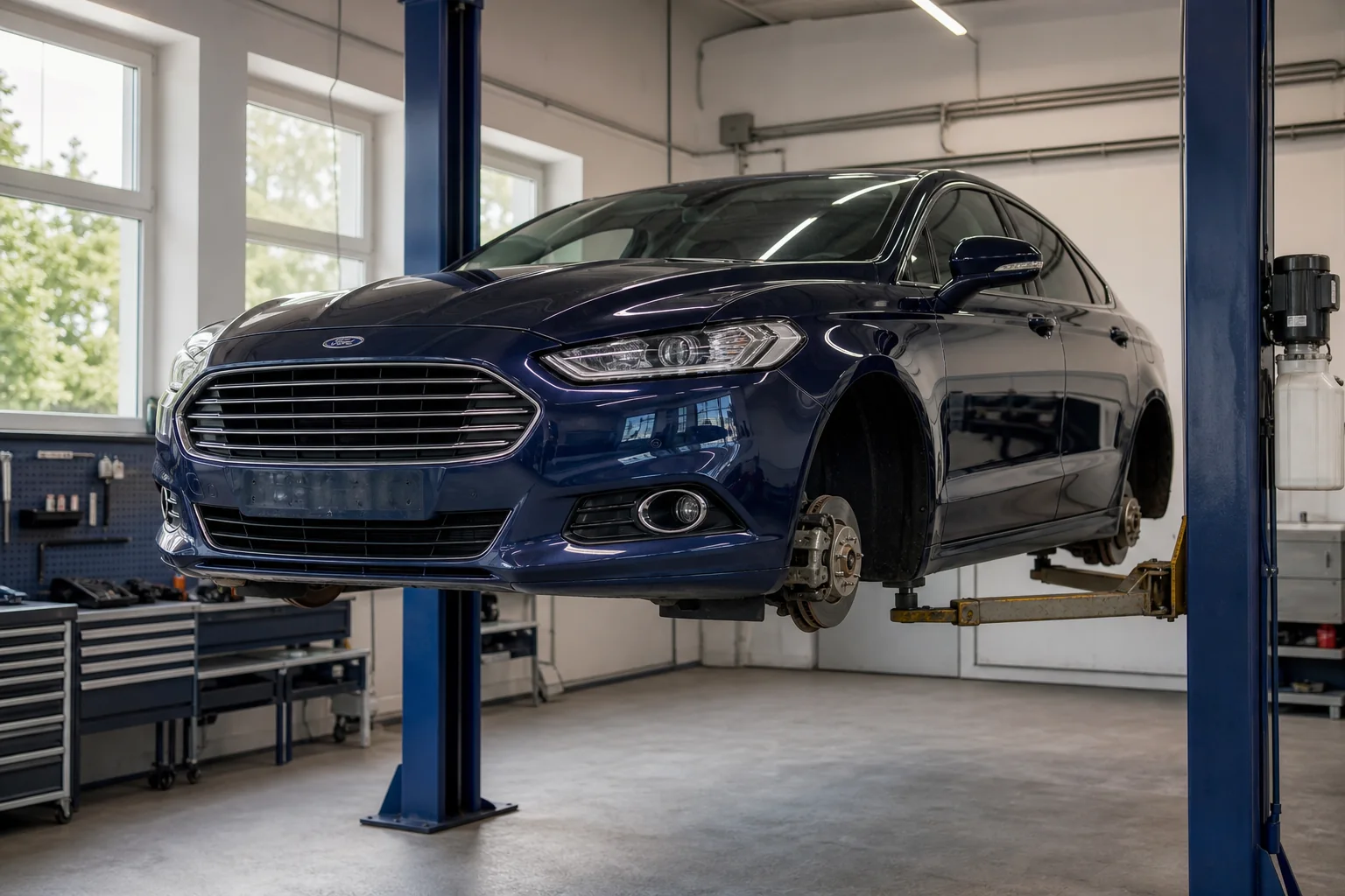 Ford Mondeo на подъёмнике при проверке тормозов и ходовой — иллюстрация
