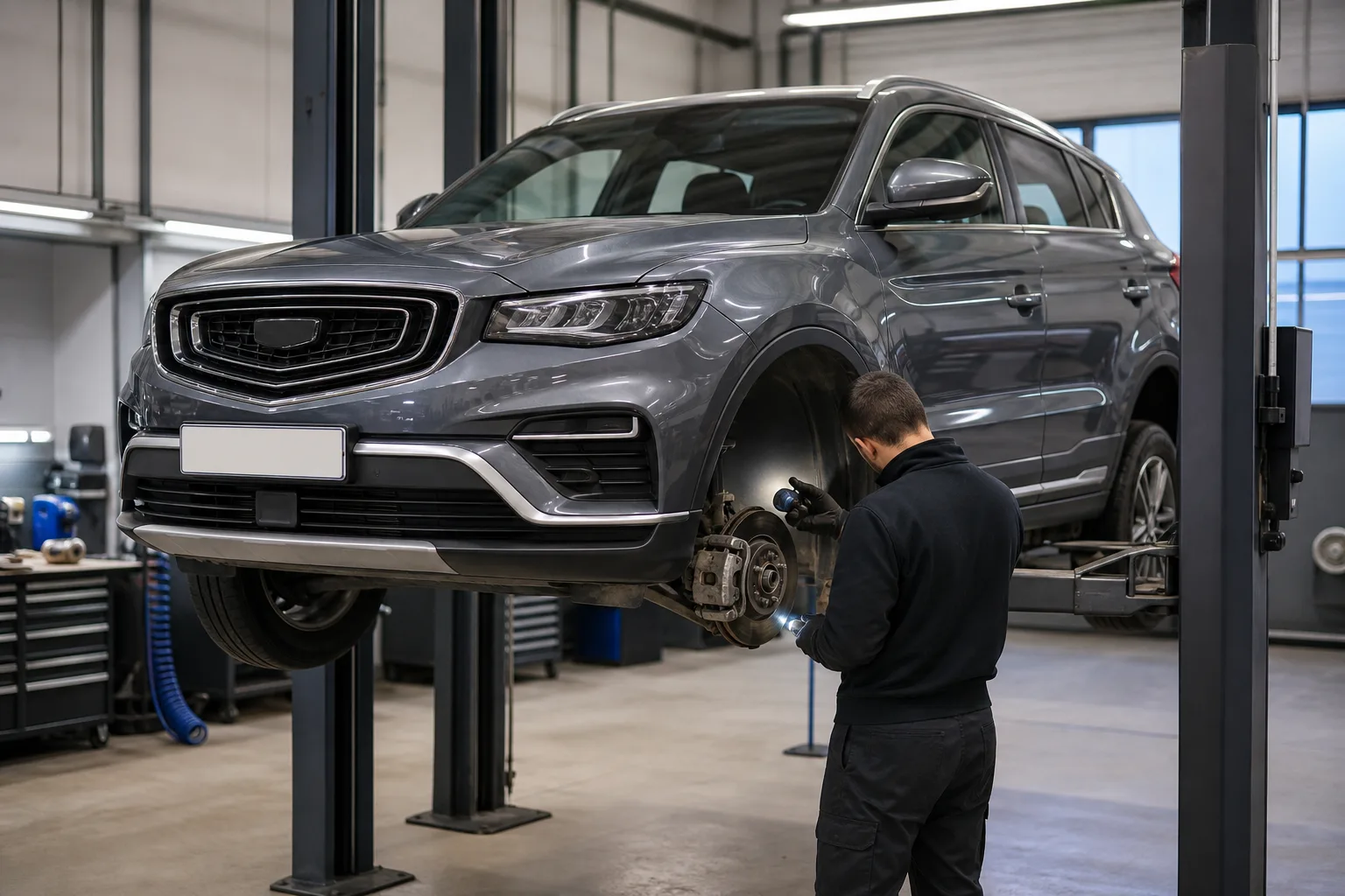 Geely Atlas Pro на подъёмнике при проверке тормозов и подвески — иллюстрация