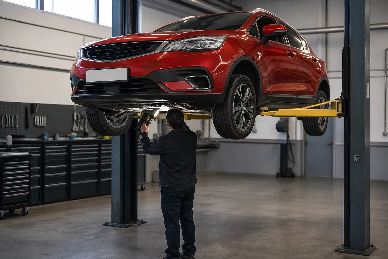 Geely GS на подъёмнике при осмотре днища — иллюстрация