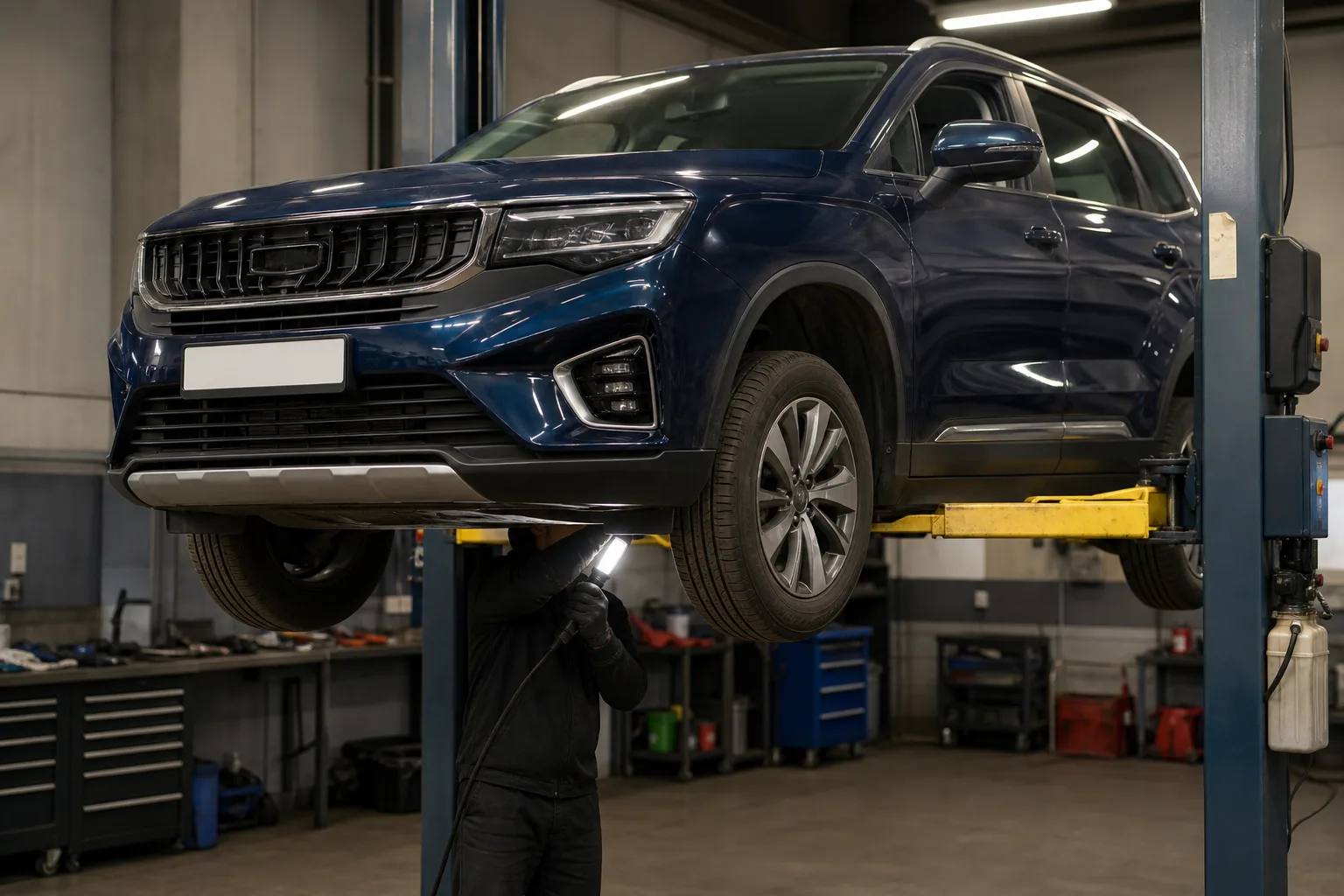 Geely Okavango на подъёмнике при диагностике подвески — иллюстрация