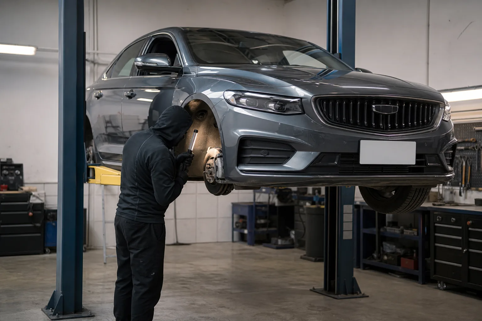 Geely Preface на подъёмнике при проверке передних тормозов — иллюстрация
