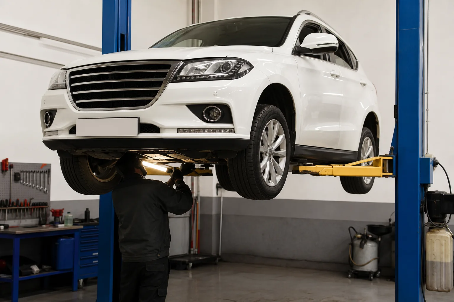 Haval H2 на подъёмнике при осмотре днища — иллюстрация