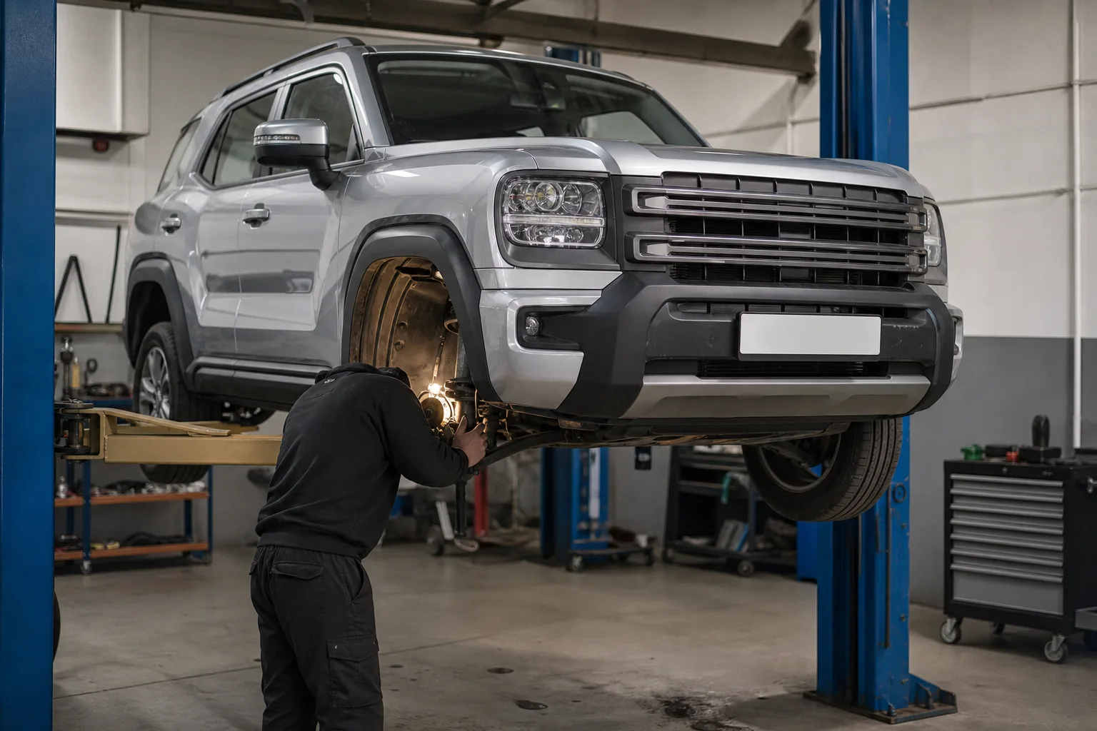 Haval H3 на подъёмнике при проверке передней подвески — иллюстрация