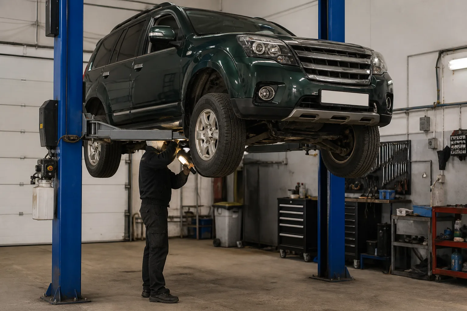 Haval H5 на подъёмнике при осмотре ходовой части — иллюстрация