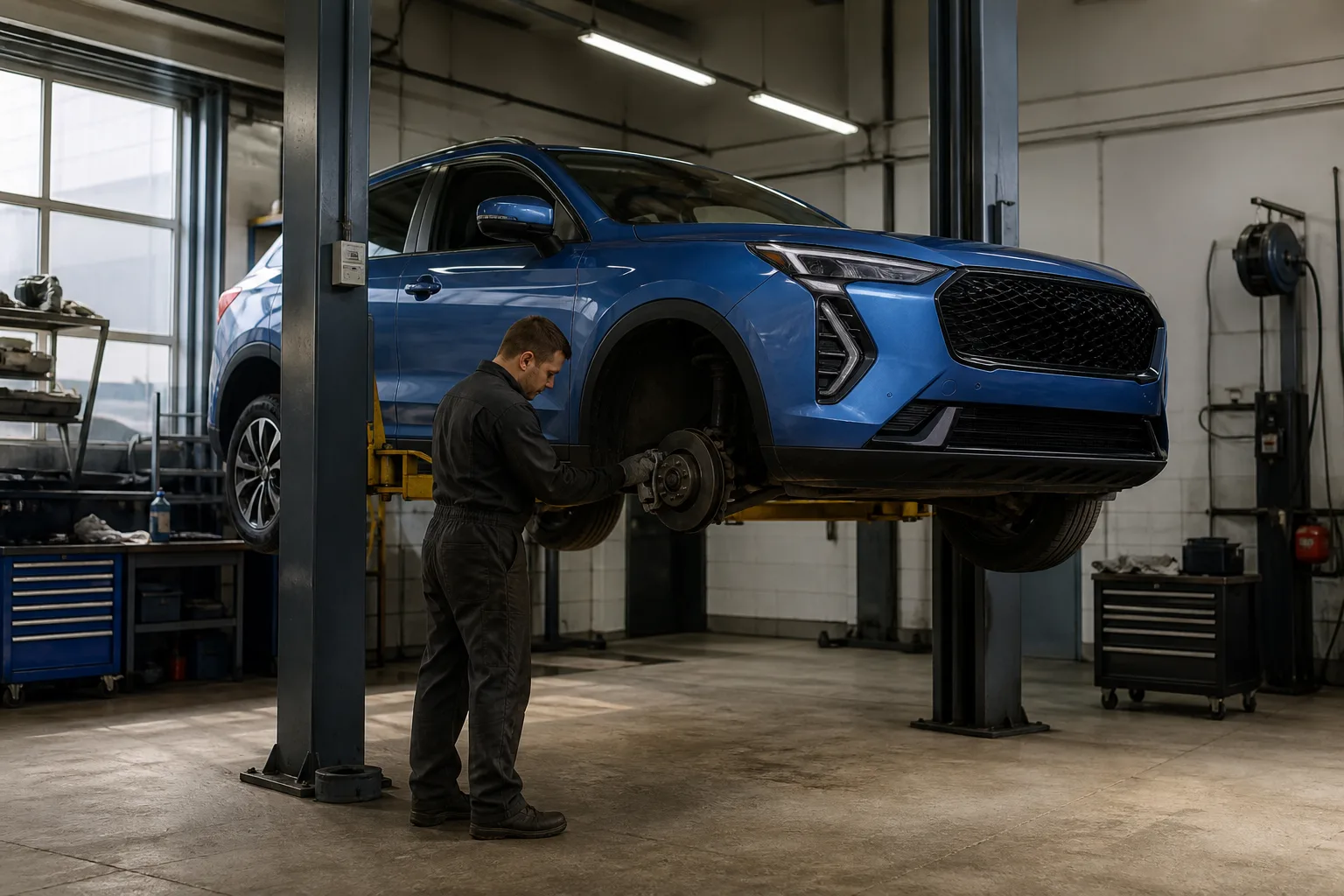 Haval Jolion на подъёмнике при проверке ходовой части и тормозов — иллюстрация