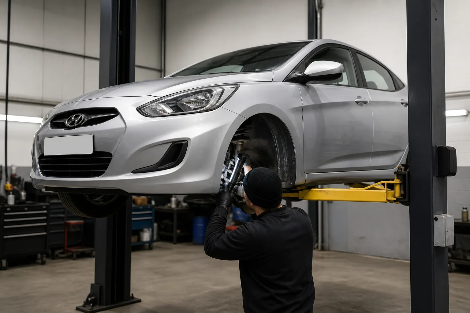 Hyundai Accent на подъёмнике при проверке передней подвески — иллюстрация