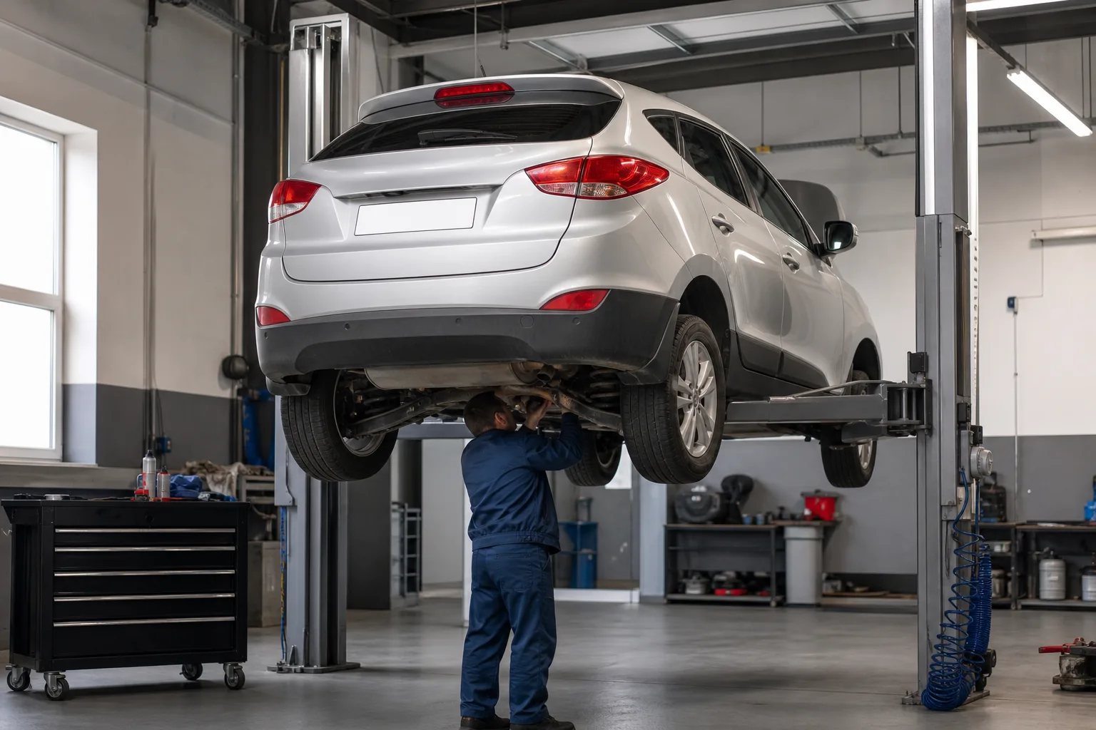 Hyundai ix35 на подъёмнике при осмотре ходовой части — иллюстрация