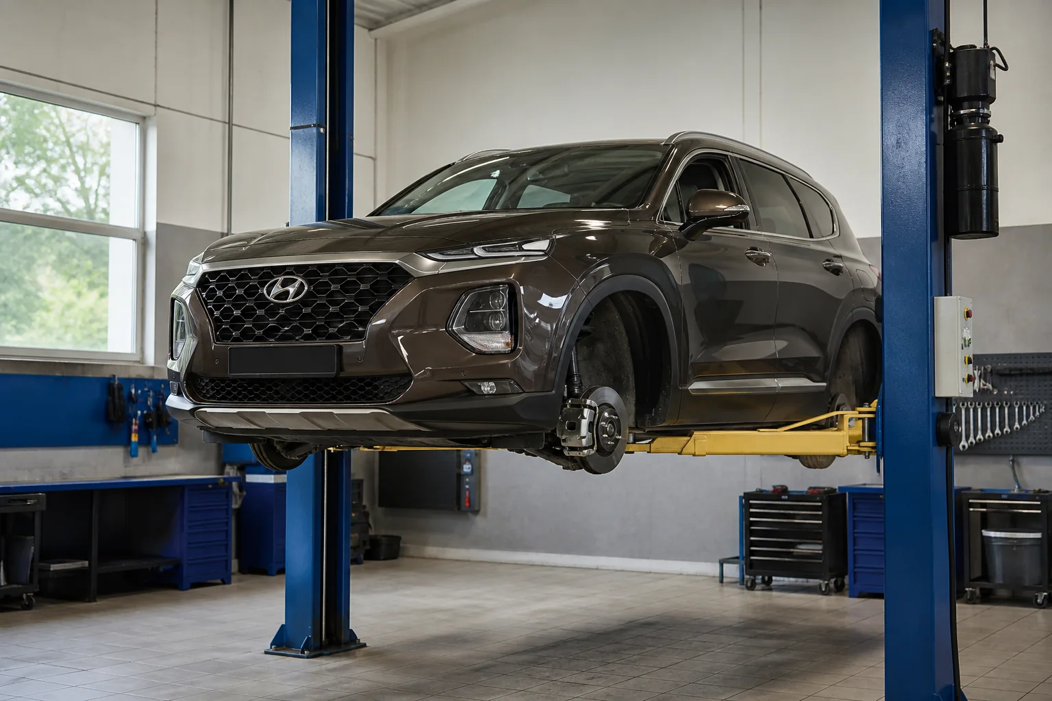 Hyundai Santa Fe на подъёмнике при осмотре ходовой части — иллюстрация