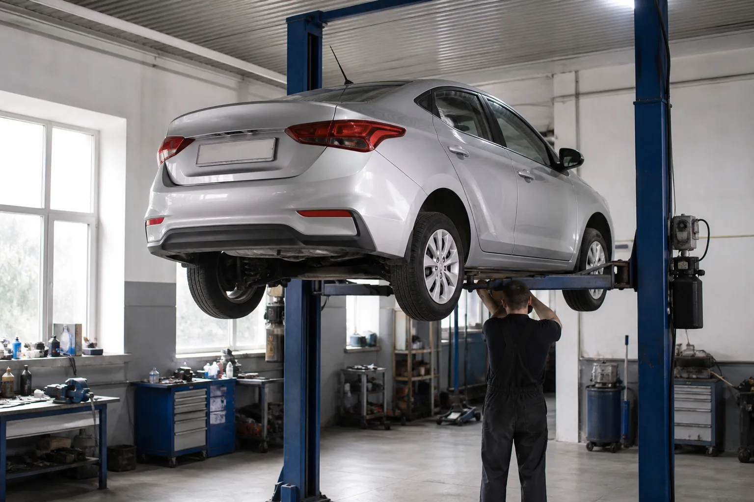 Hyundai Solaris на подъёмнике при осмотре днища и подвески — иллюстрация
