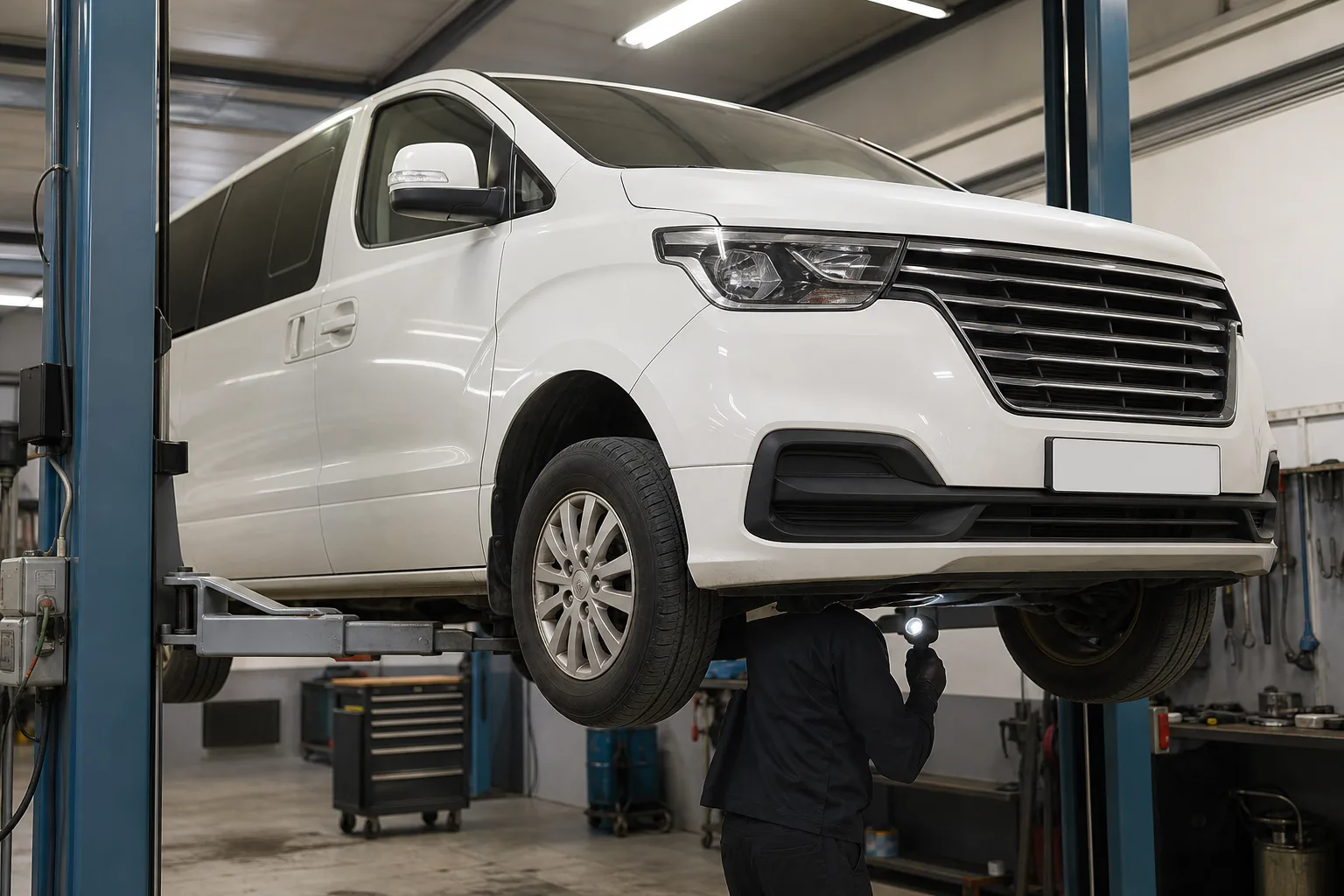 Hyundai H-1 Starex на подъёмнике при проверке ходовой части — иллюстрация