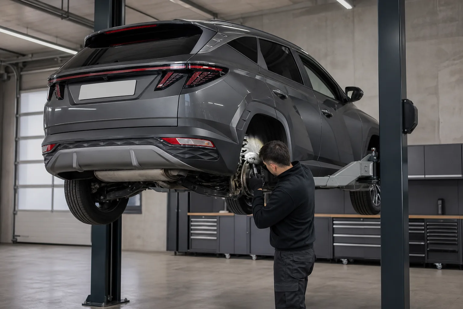 Hyundai Tucson на подъёмнике при проверке ходовой части — иллюстрация