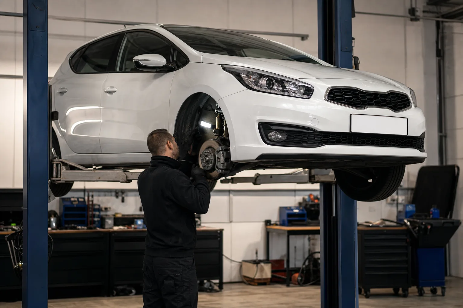 Kia Ceed на подъёмнике при проверке передней подвески и тормозов — иллюстрация