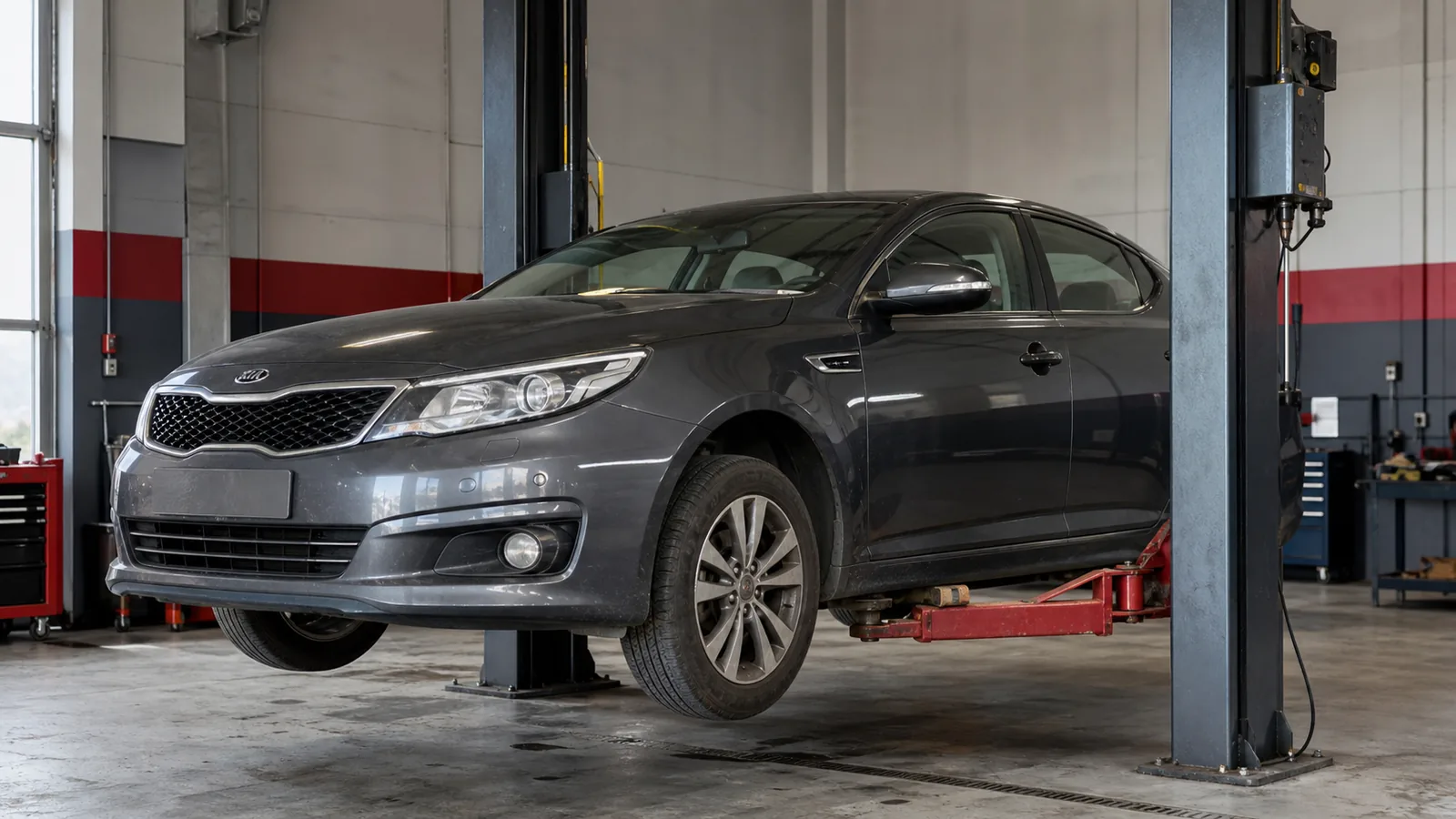 Kia Optima на подъёмнике при диагностике подвески — иллюстрация