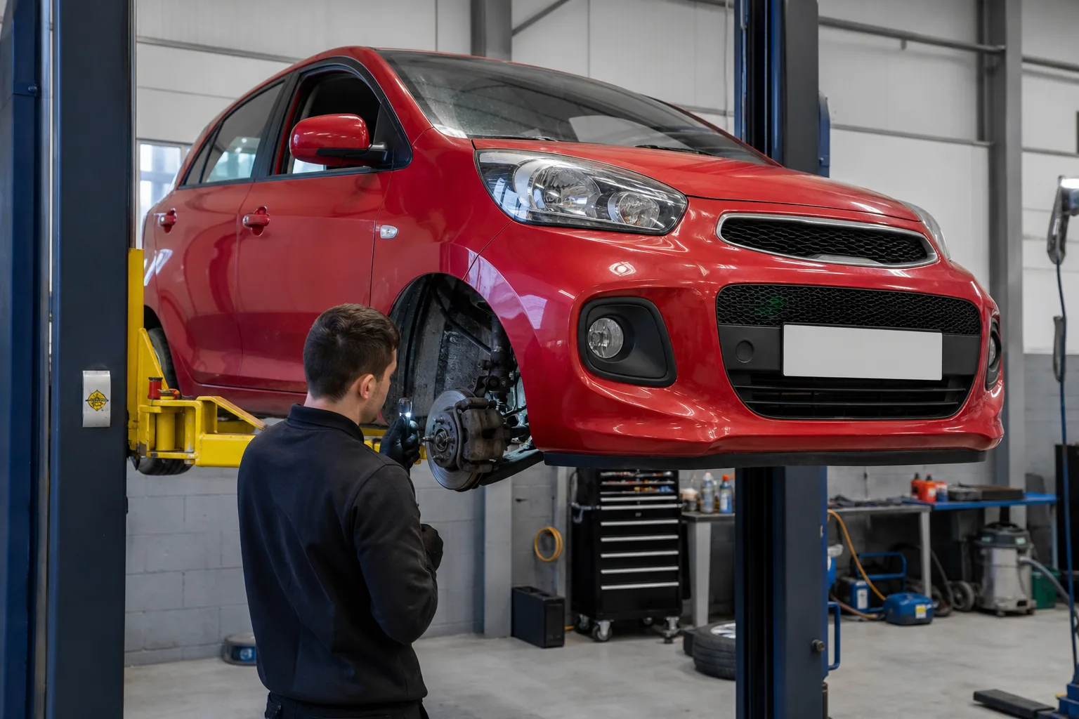 Kia Picanto на подъёмнике при проверке тормозов — иллюстрация