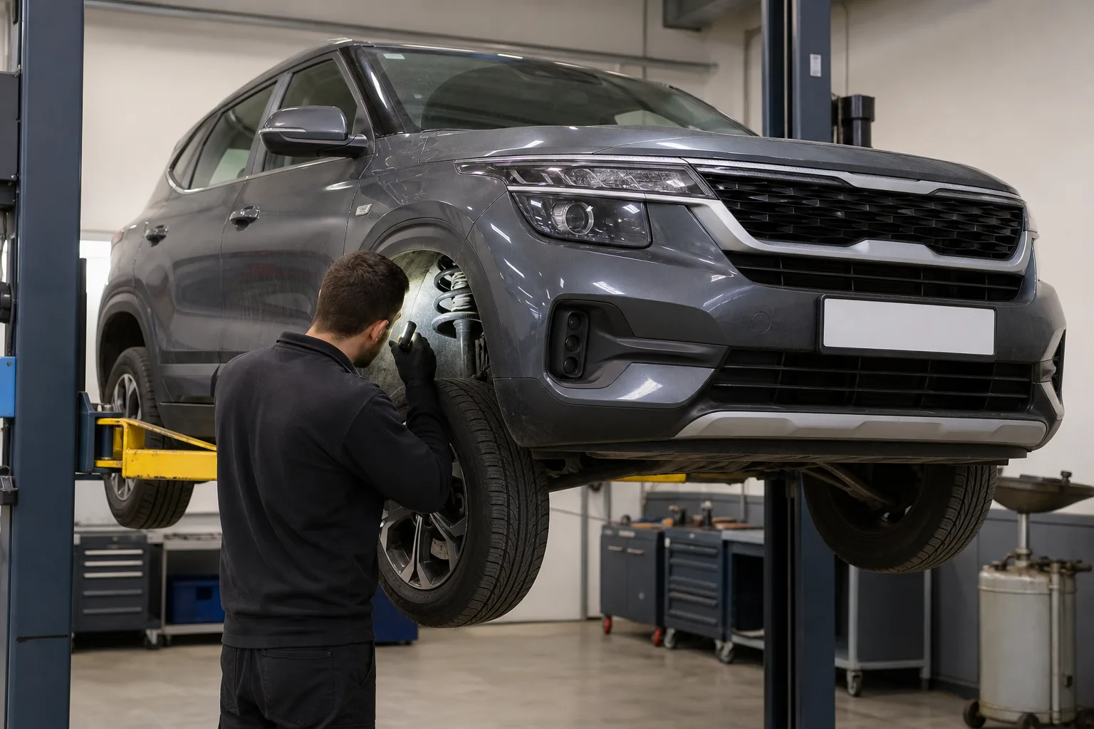 Kia Seltos на подъёмнике при диагностике подвески — иллюстрация