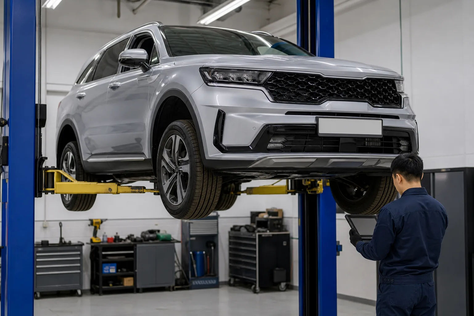 Kia Sorento на подъёмнике во время диагностики — иллюстрация
