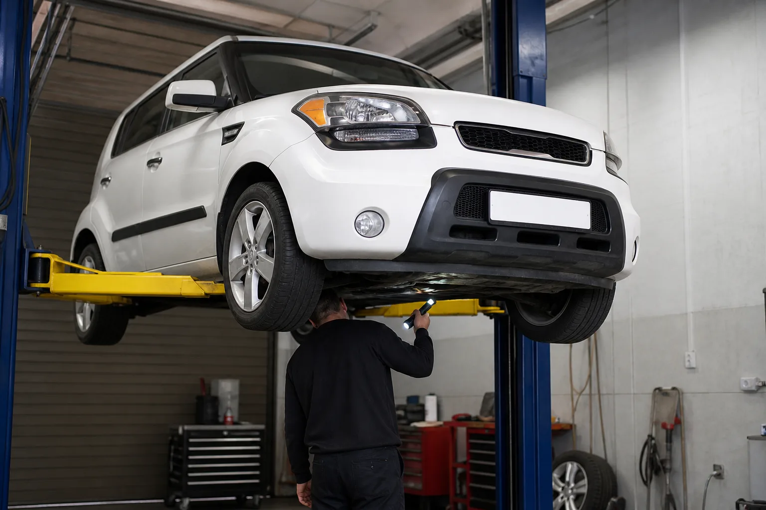 Kia Soul на подъёмнике при осмотре днища — иллюстрация