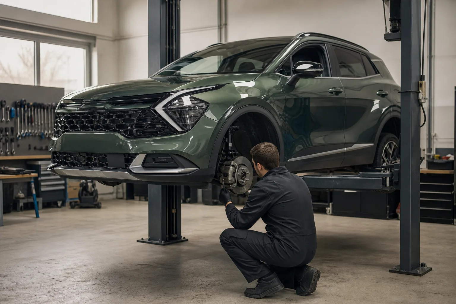 Kia Sportage на подъёмнике при проверке тормозной системы — иллюстрация