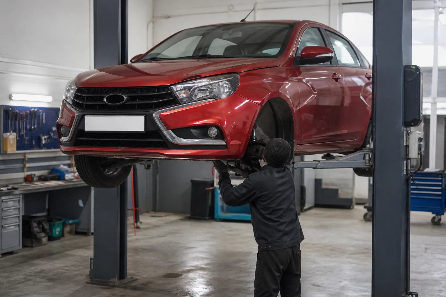 Lada Vesta на подъёмнике при диагностике подвески — иллюстрация