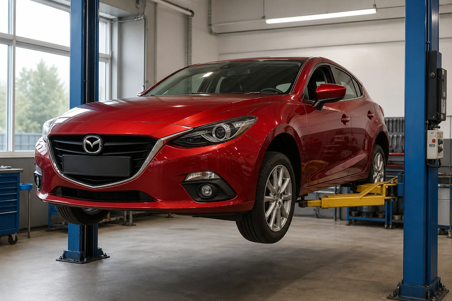 Mazda 3 на подъёмнике при диагностике тормозов и подвески — иллюстрация