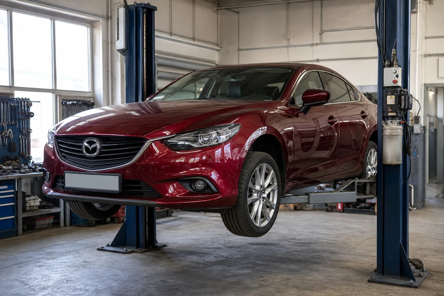 Mazda 6 на подъёмнике при проверке тормозов и подвески — иллюстрация