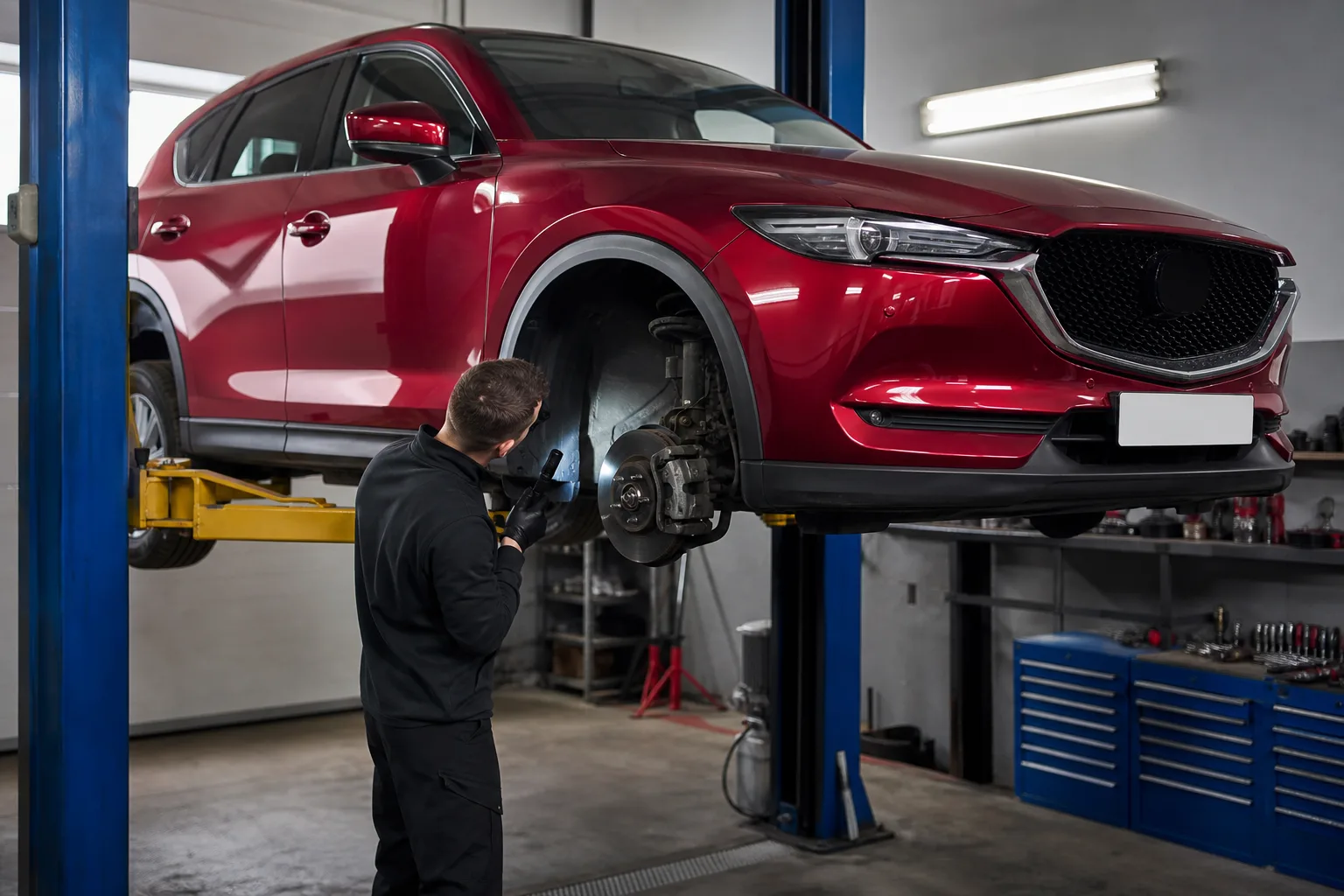 Mazda CX-5 на подъёмнике при проверке передних тормозов — иллюстрация