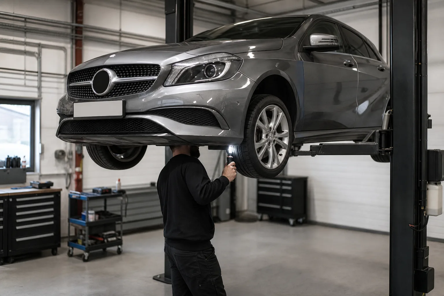 Mercedes-Benz A-Class на подъёмнике при диагностике подвески — иллюстрация