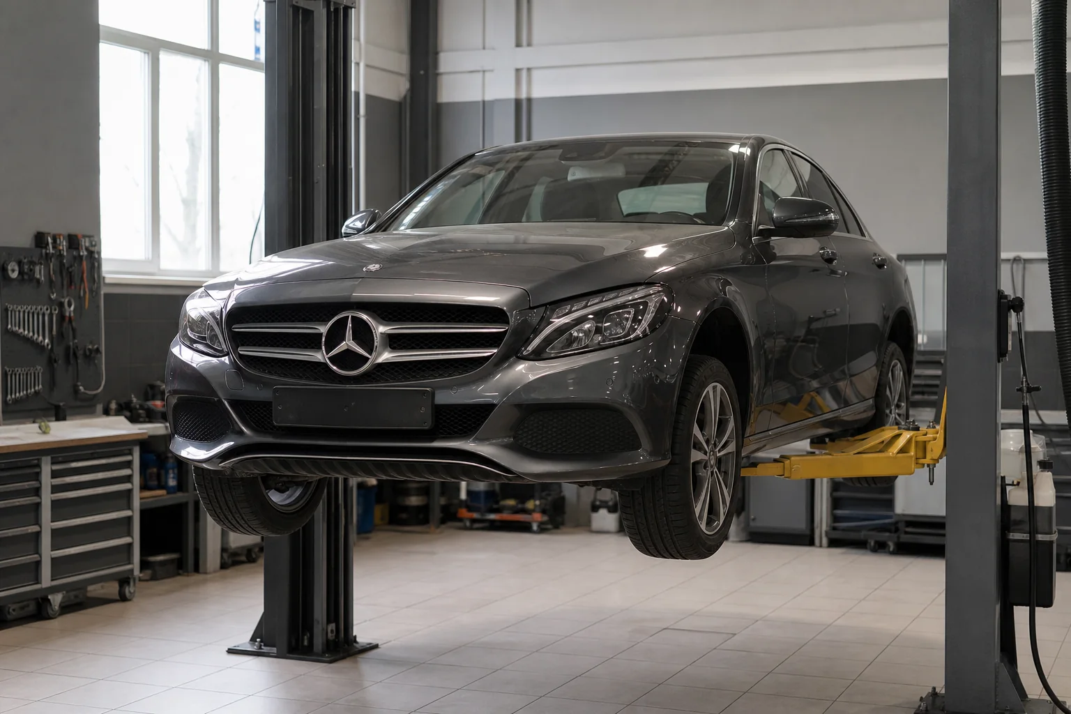 Mercedes-Benz C-Class на подъёмнике при диагностике подвески — иллюстрация