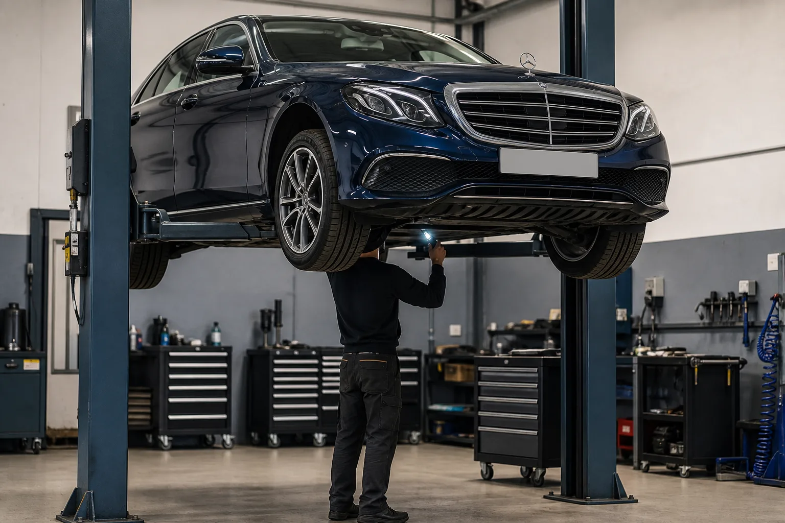 Mercedes-Benz E-Class на подъёмнике при осмотре днища — иллюстрация