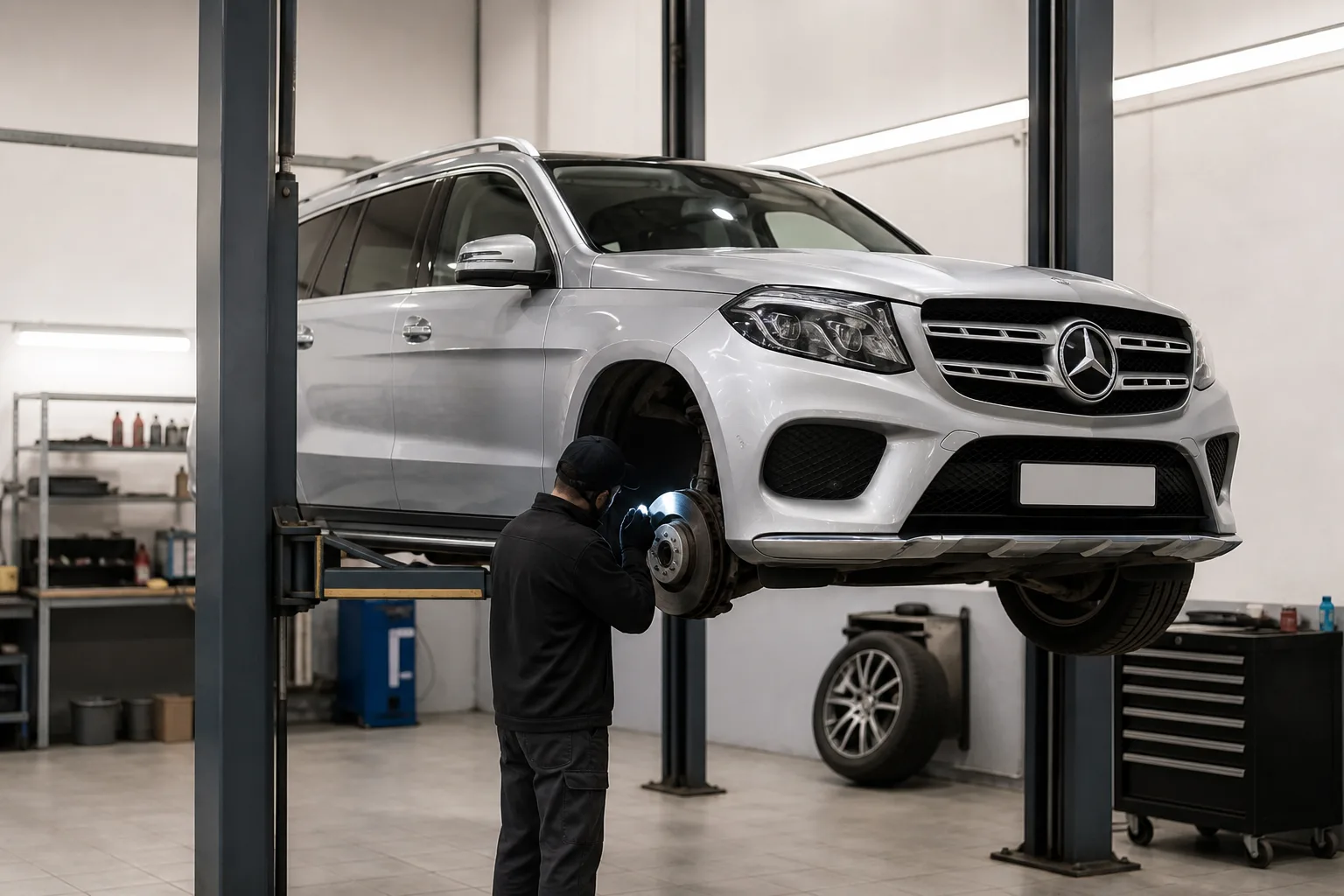 Mercedes-Benz GLS на подъёмнике при проверке тормозов и подвески — иллюстрация