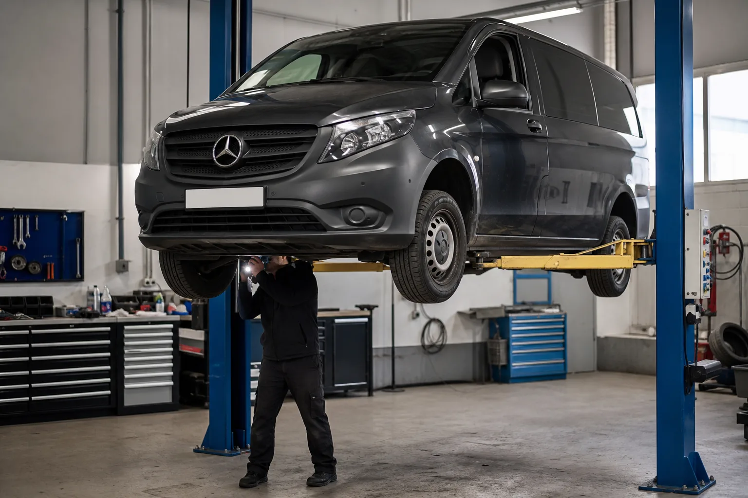 Mercedes-Benz Vito на подъёмнике при осмотре ходовой части — иллюстрация