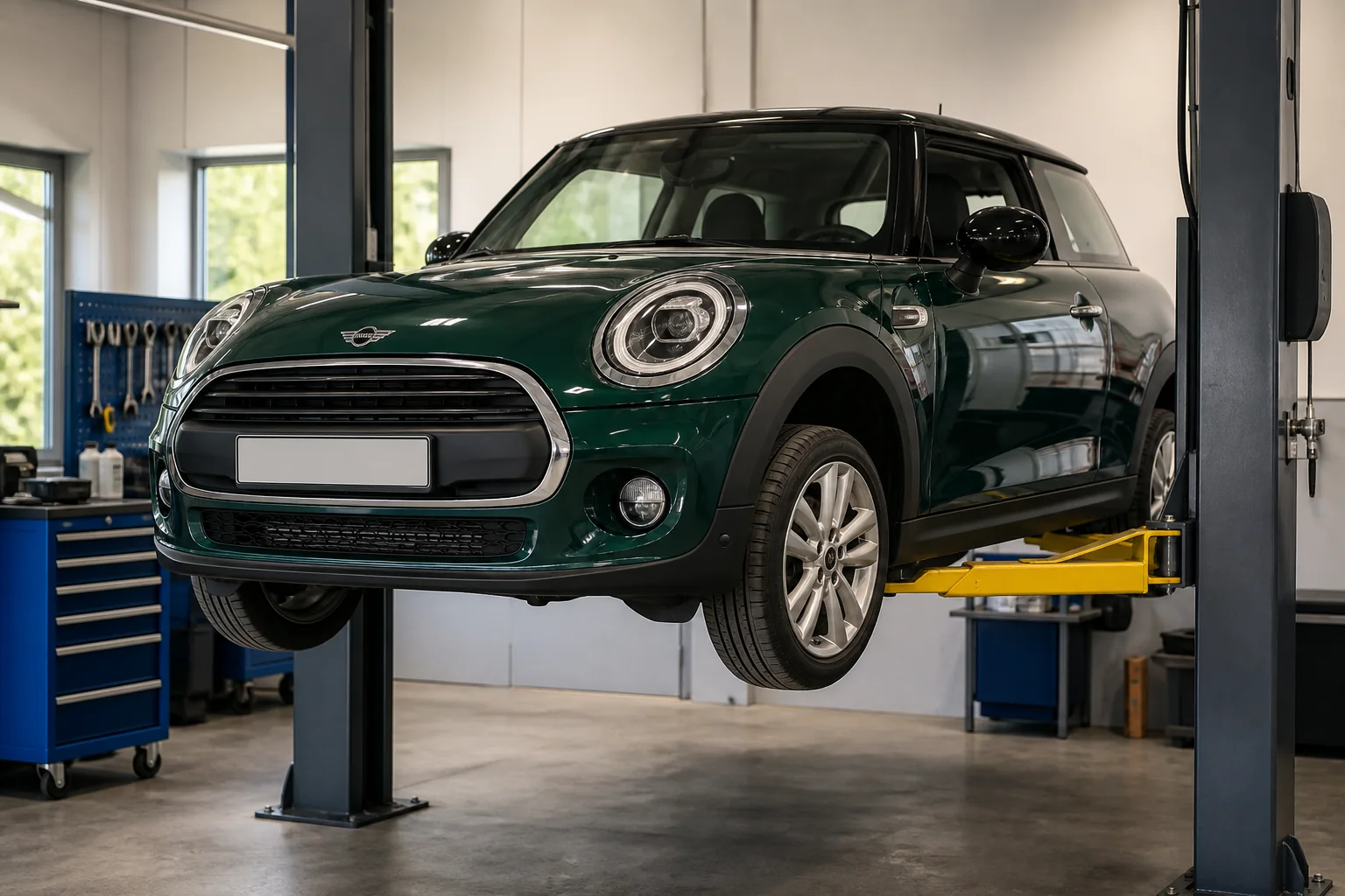 MINI Cooper на подъёмнике при диагностике подвески — иллюстрация
