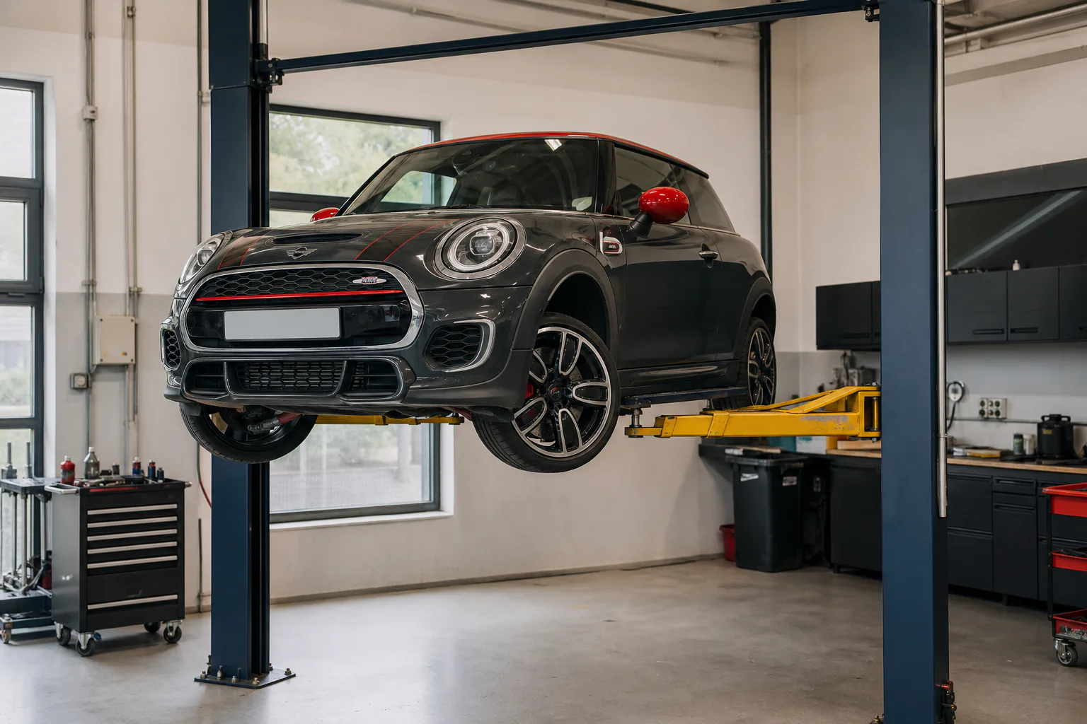 MINI Cooper S на подъёмнике во время диагностики ходовой части — иллюстрация
