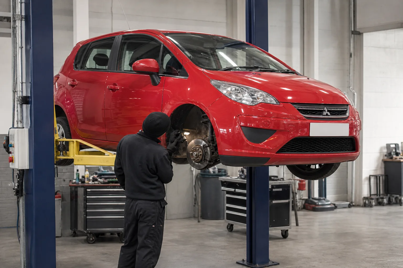 Mitsubishi Colt на подъёмнике при проверке передних тормозов — иллюстрация