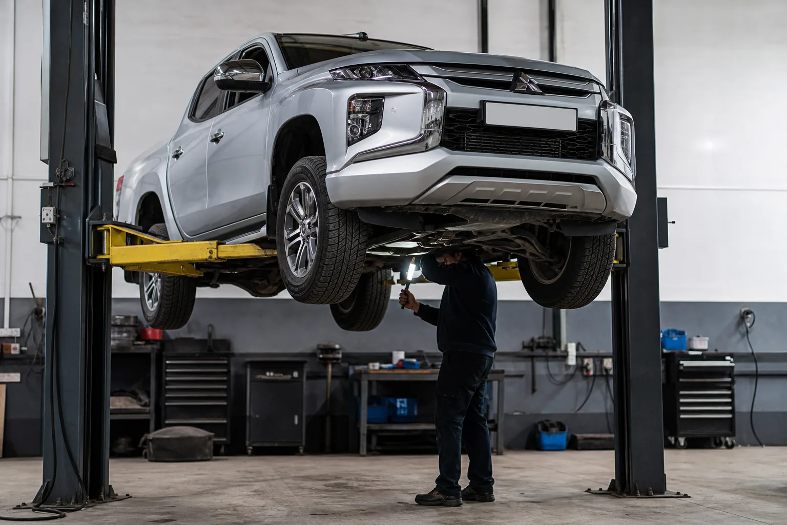 Mitsubishi L200 на подъёмнике при осмотре подвески и днища — иллюстрация