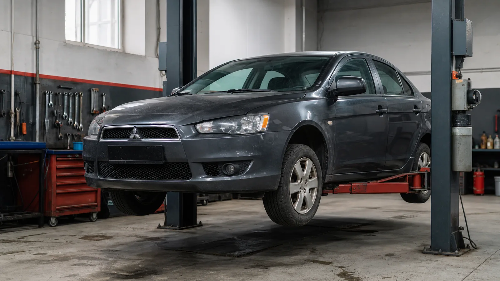 Mitsubishi Lancer на подъёмнике при проверке подвески — иллюстрация
