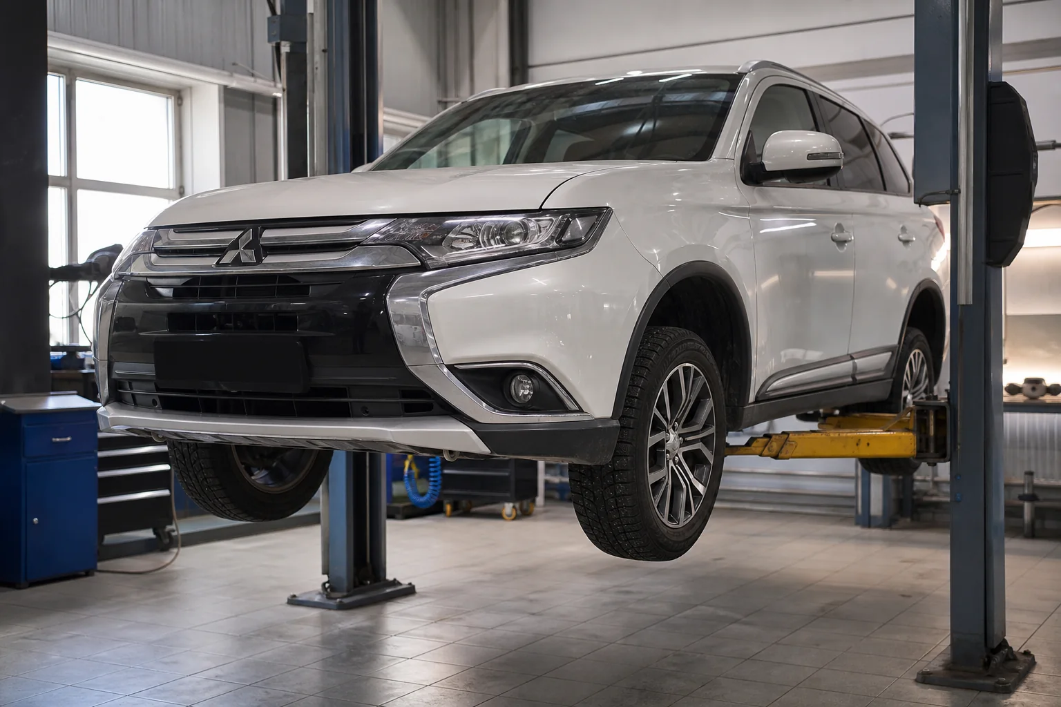 Mitsubishi Outlander на подъёмнике при осмотре подвески — иллюстрация