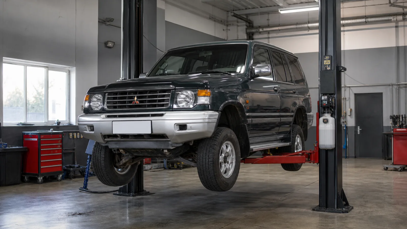 Mitsubishi Pajero на подъёмнике при проверке подвески и полного привода — иллюстрация