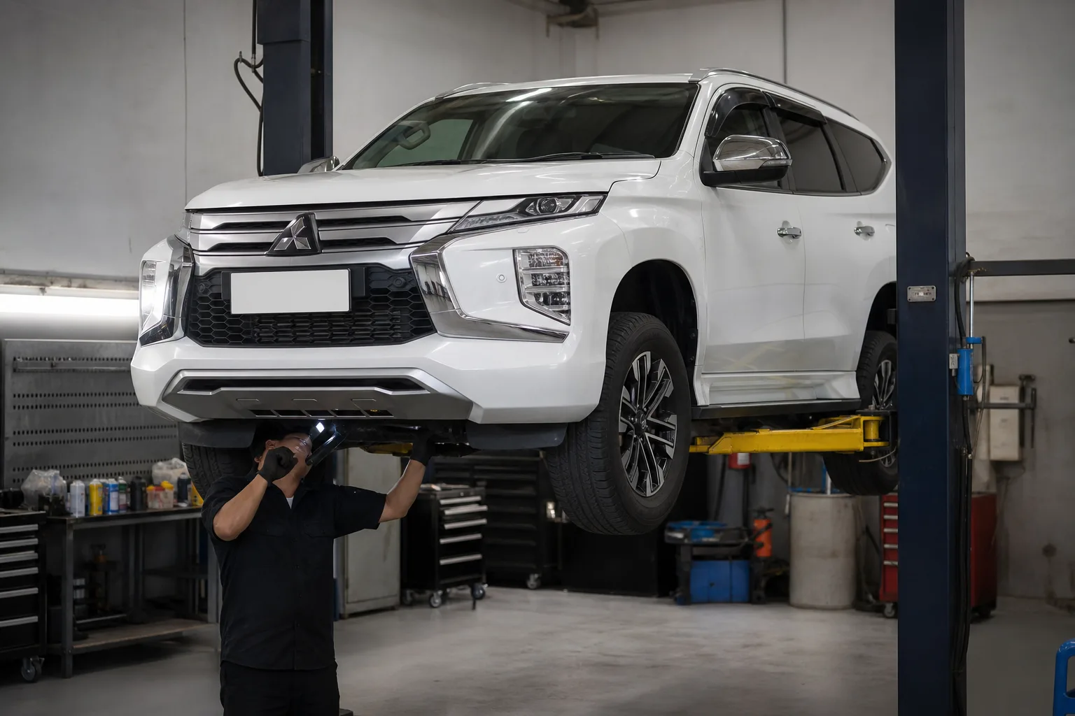 Mitsubishi Pajero Sport на подъёмнике при осмотре ходовой части — иллюстрация