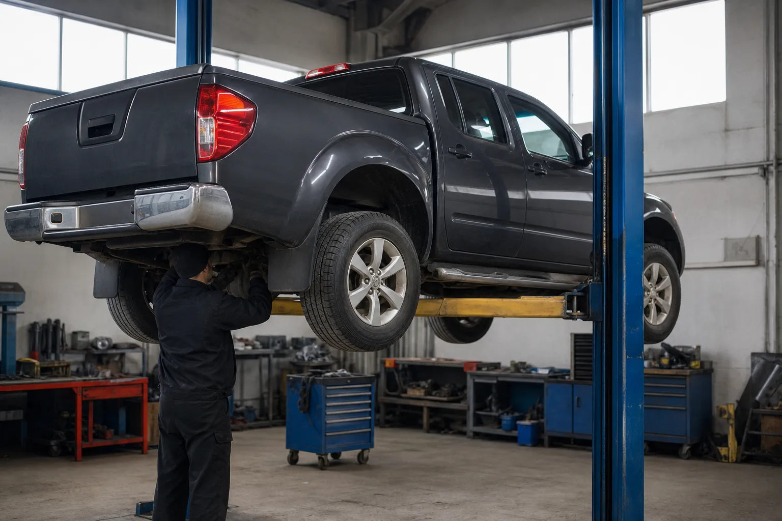 Nissan Navara на подъёмнике во время диагностики — иллюстрация