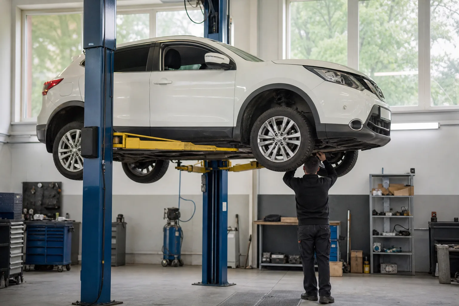 Nissan Qashqai на подъёмнике во время осмотра ходовой части — иллюстрация