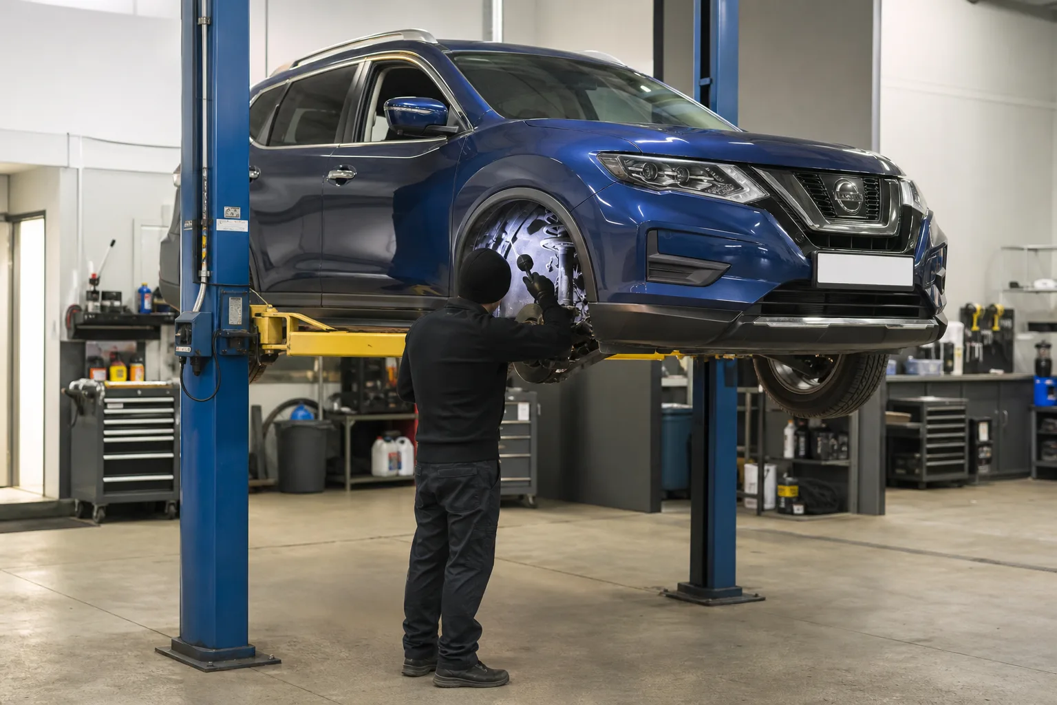 Nissan X-Trail на подъёмнике при диагностике подвески — иллюстрация