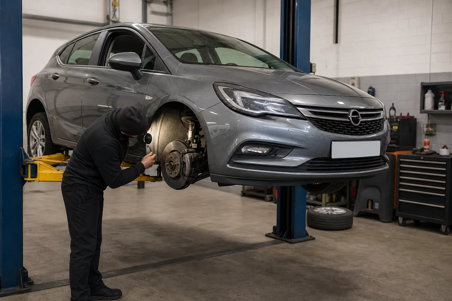 Opel Astra на подъёмнике при проверке передних тормозов — иллюстрация