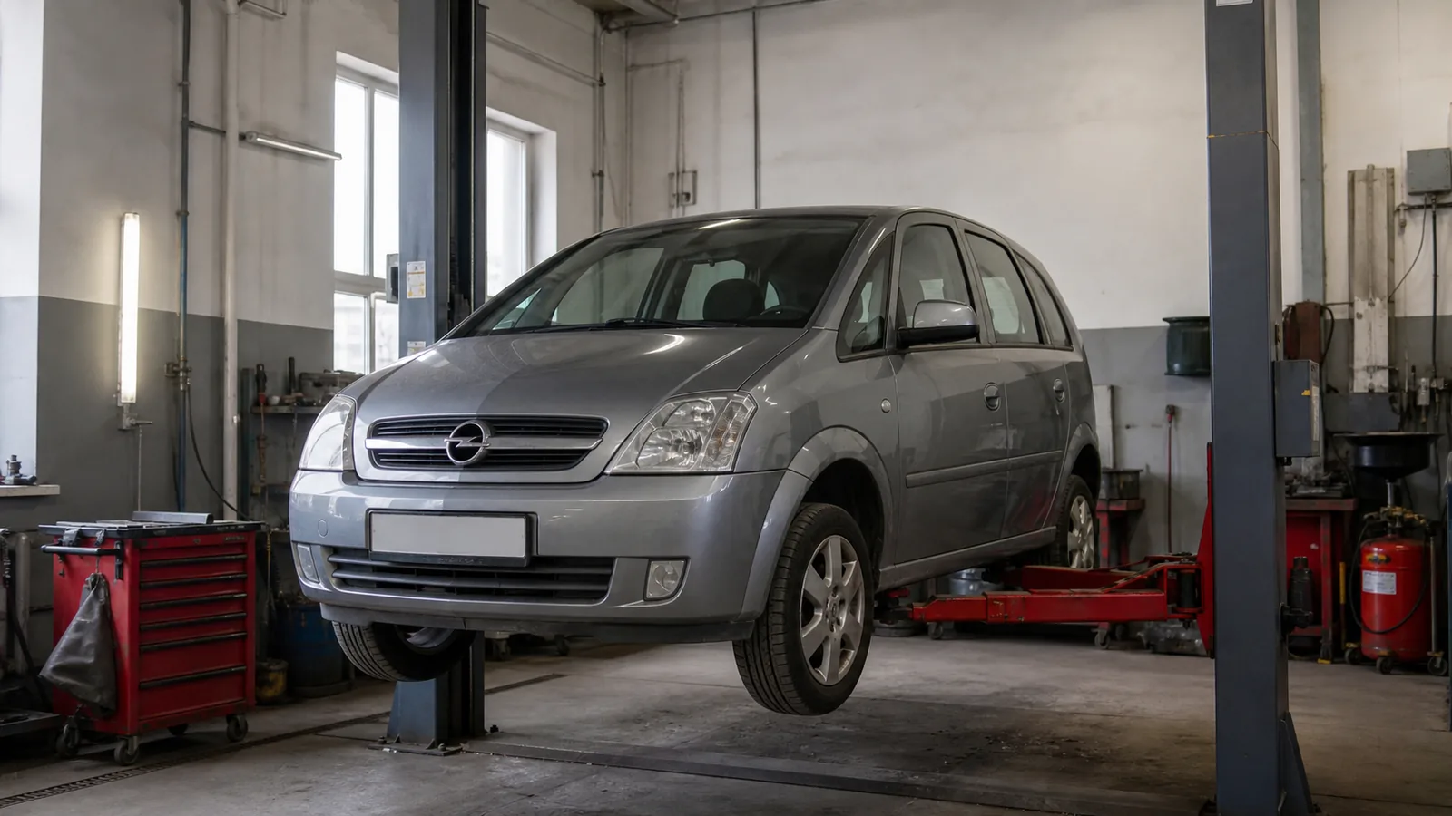 Opel Meriva на подъёмнике при осмотре подвески — иллюстрация