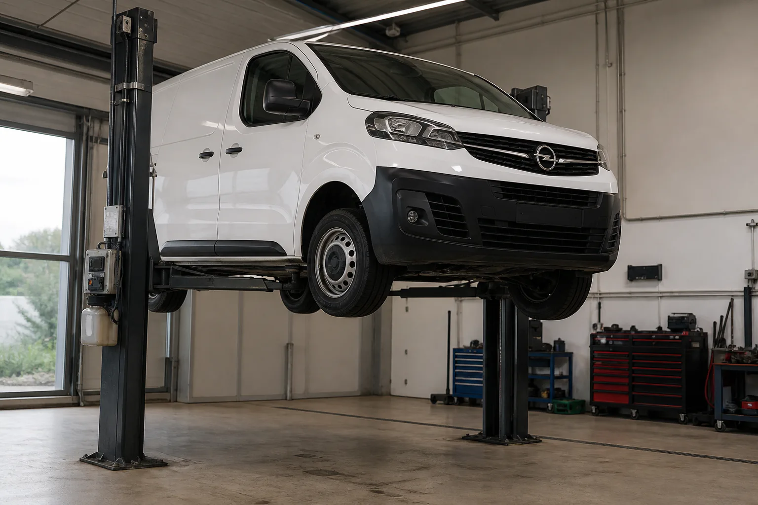 Opel Vivaro на подъёмнике при диагностике ходовой части — иллюстрация
